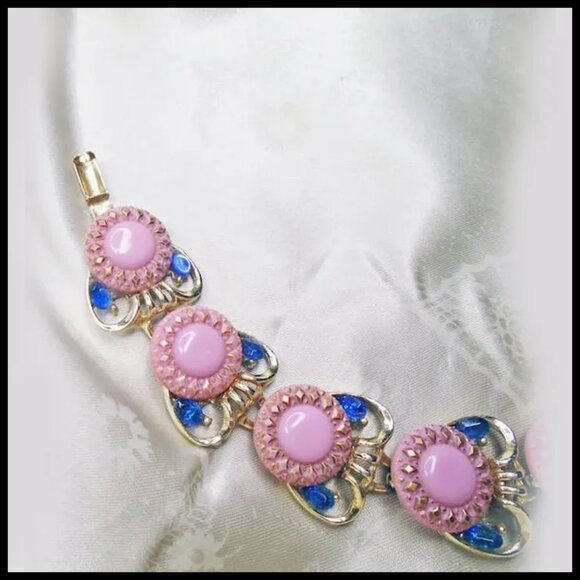 Pink Bracelet with Blue Rhinestone Bracelet One of a Kind Collage Art - Picture 4 of 10